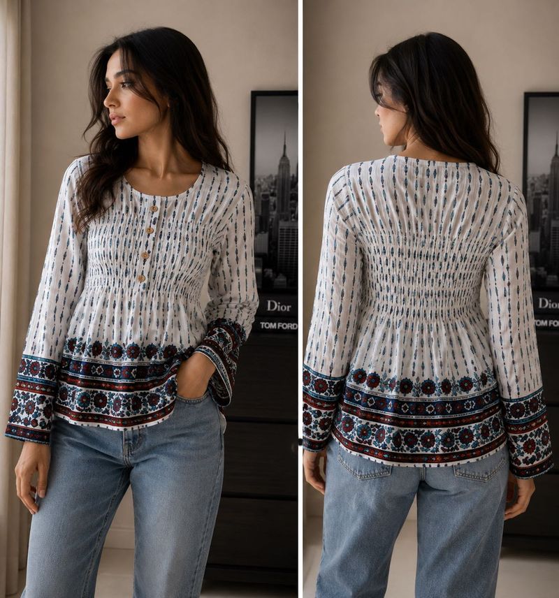 Boho Smocked Blouse with Print