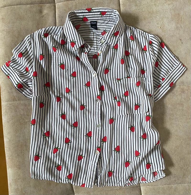 Strawberry Print cropped Striped korean top