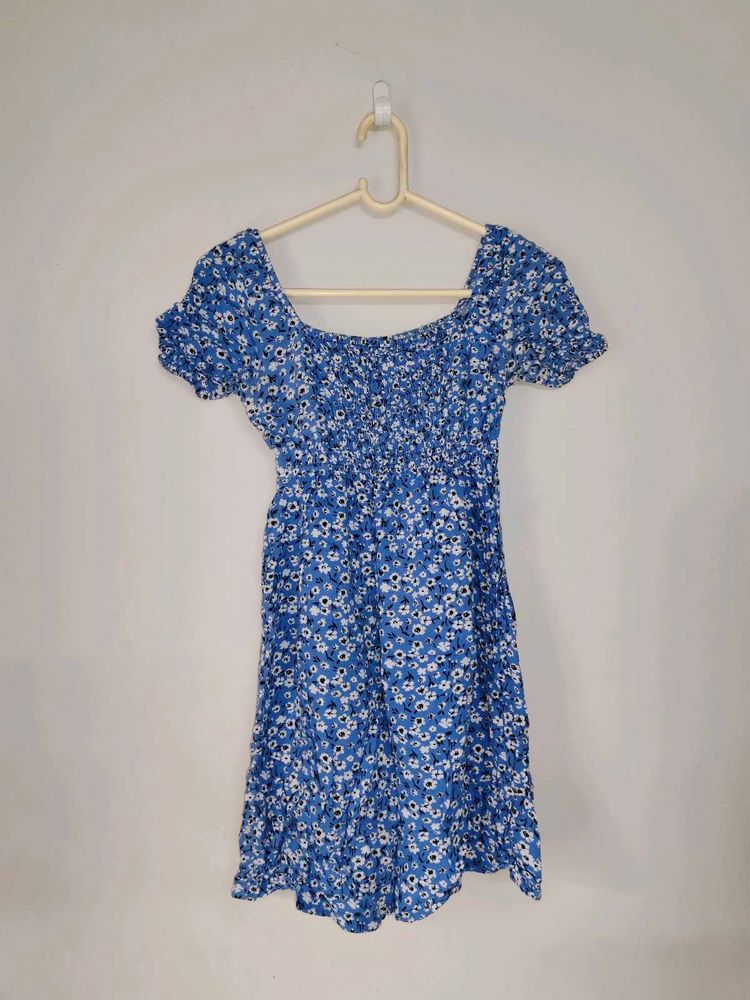 Blue Floral Print Puff Sleeve Mini Dress