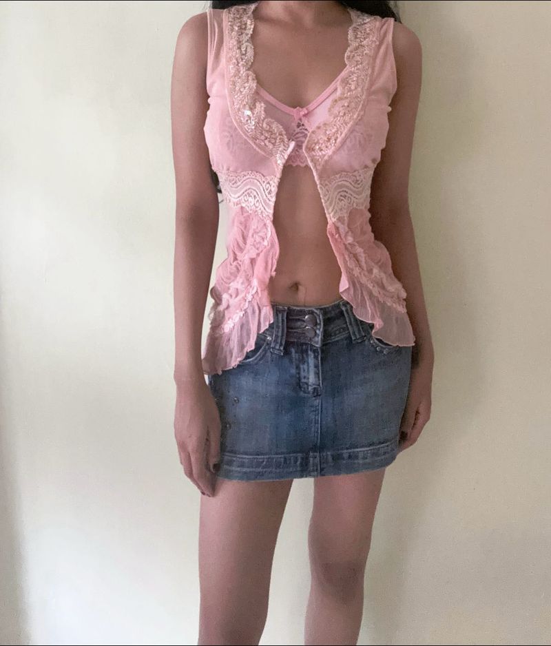 Sheer Lace Trim Pink Top
