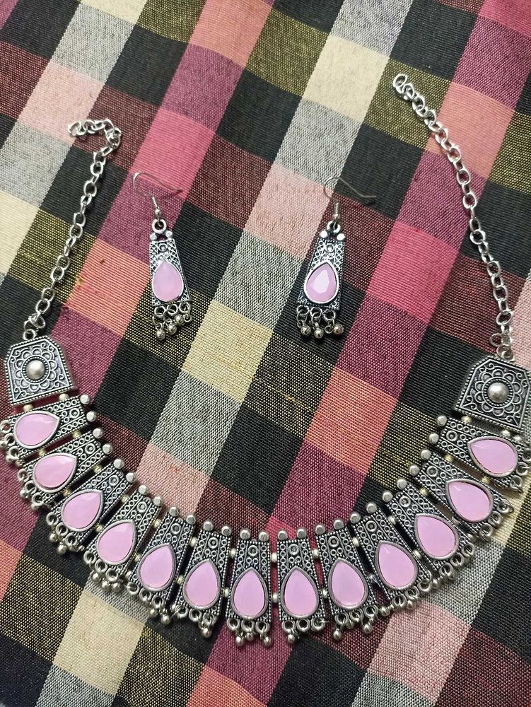 Oxidized Silver Pink Stone Necklace Set