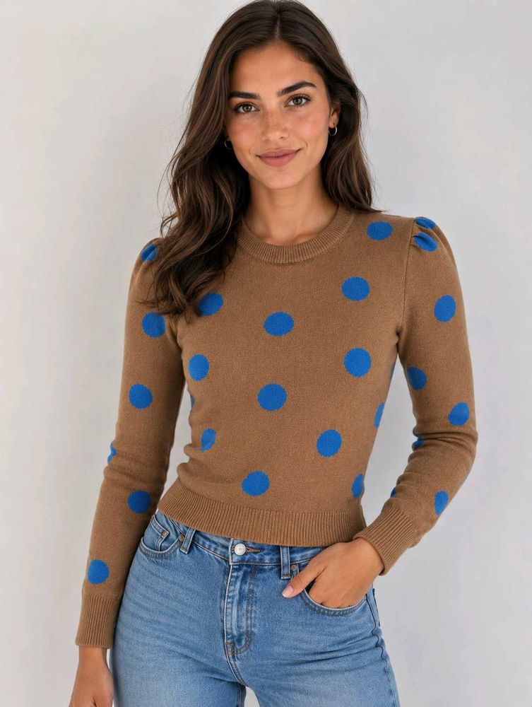 Tan color sweater top with blue dots