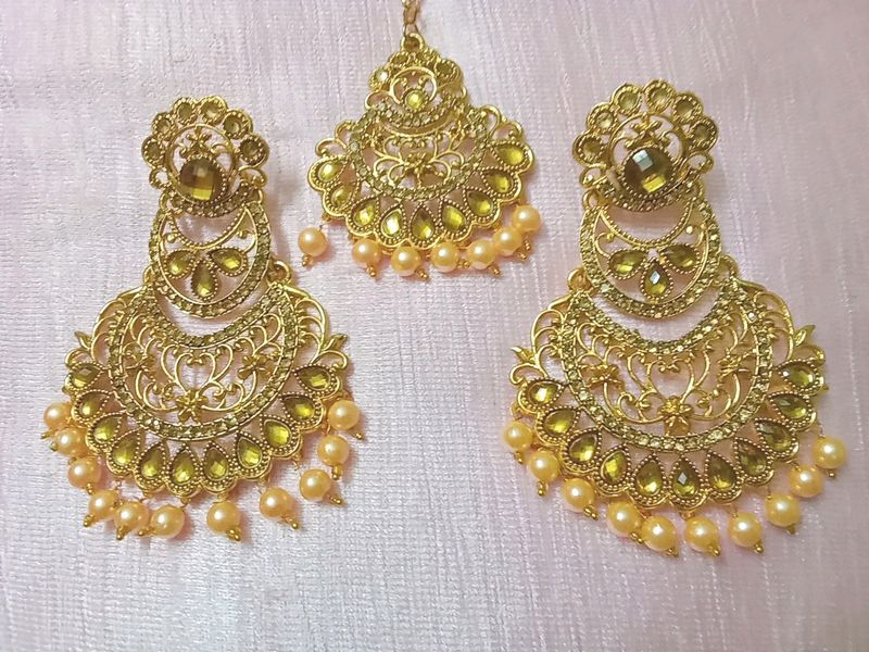 Golden Earrings And Tikka Set