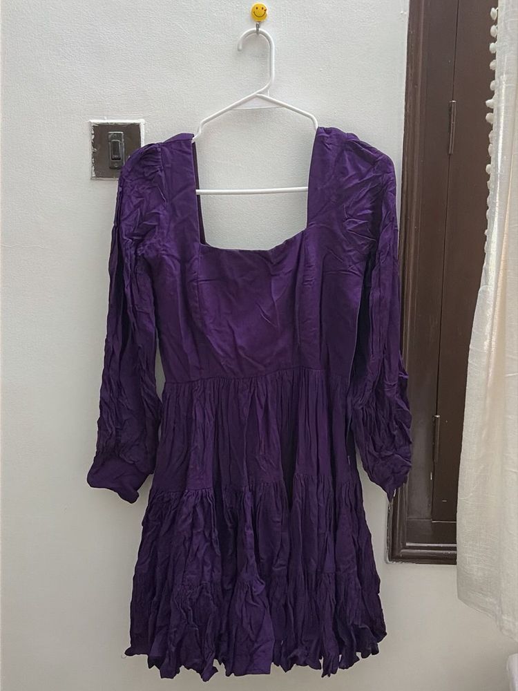 Purple Square Neck Tiered Dress