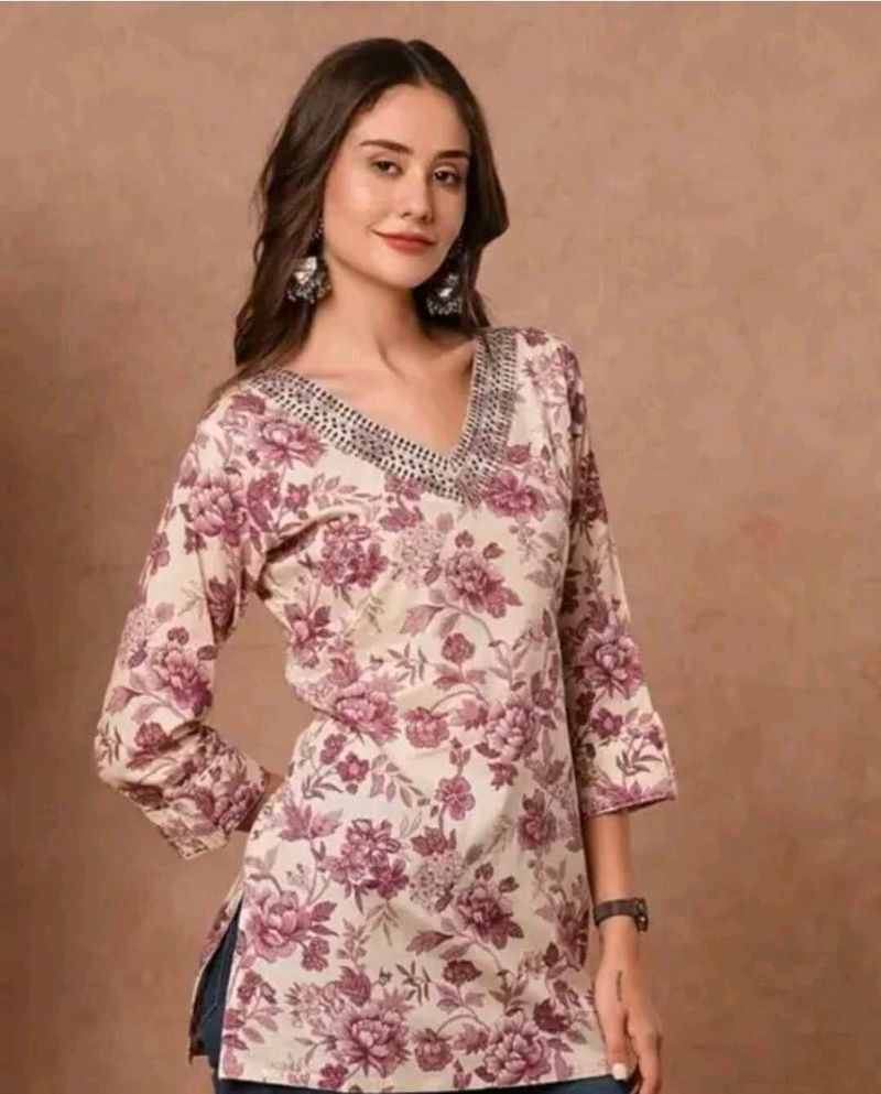 Floral Print Kurta with Embellished Neckline