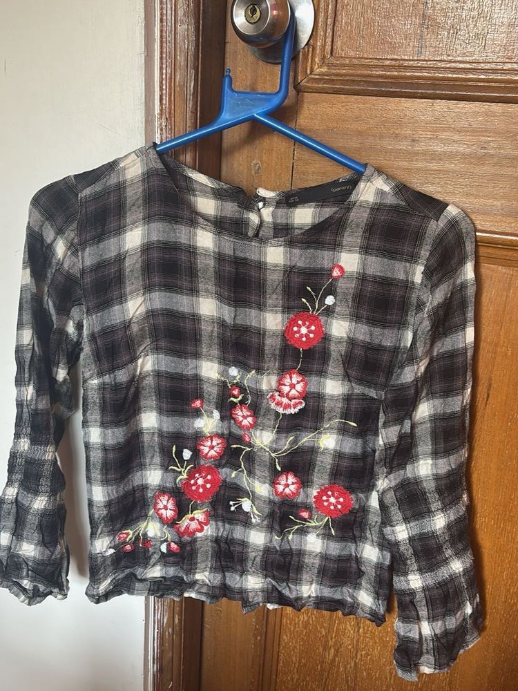 Plaid Floral Embroidered Top