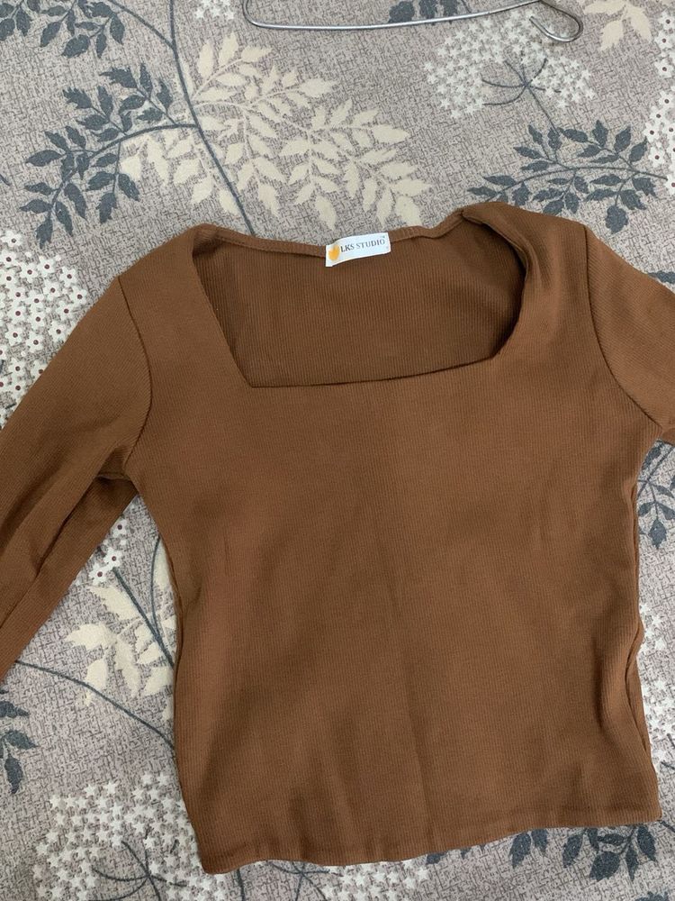 Brown Square Neck Long Sleeve Top