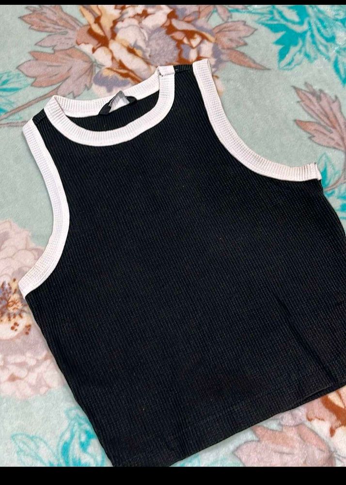 Black Ribbed Tank Top with White Trim