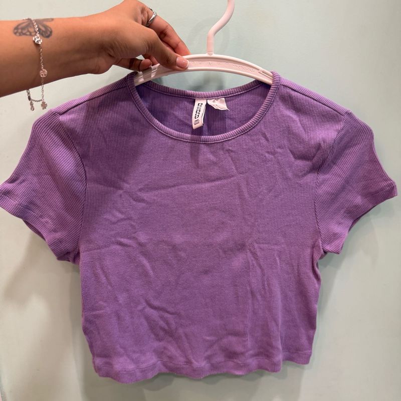 Purple Ribbed Cropped T-Shirt