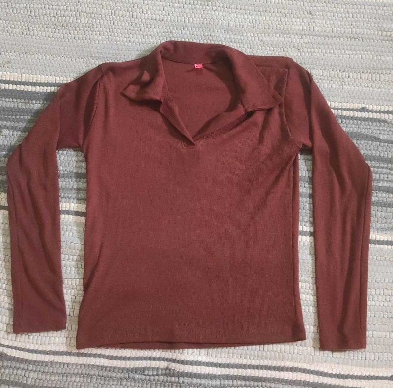Burgundy Long Sleeve Collared Top