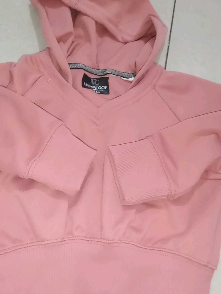 Pink Cropped V-Neck Hoodie