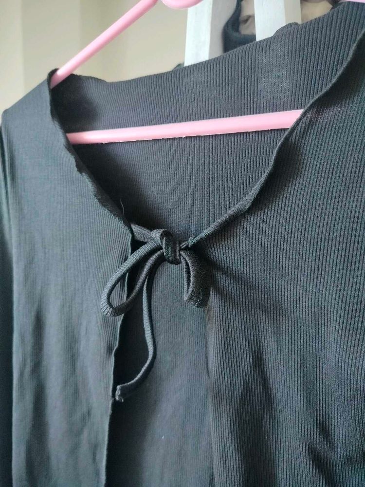 Black Tie-Front Lettuce Trim Top