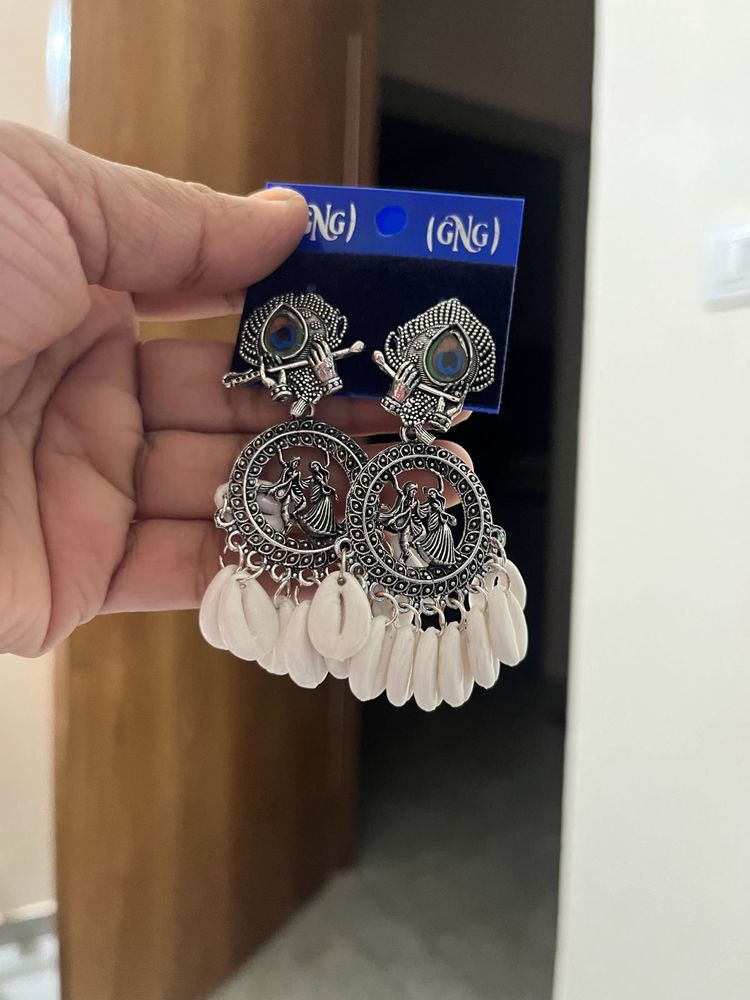 Oxidized Silver Jhumka Earrings with White Tassels