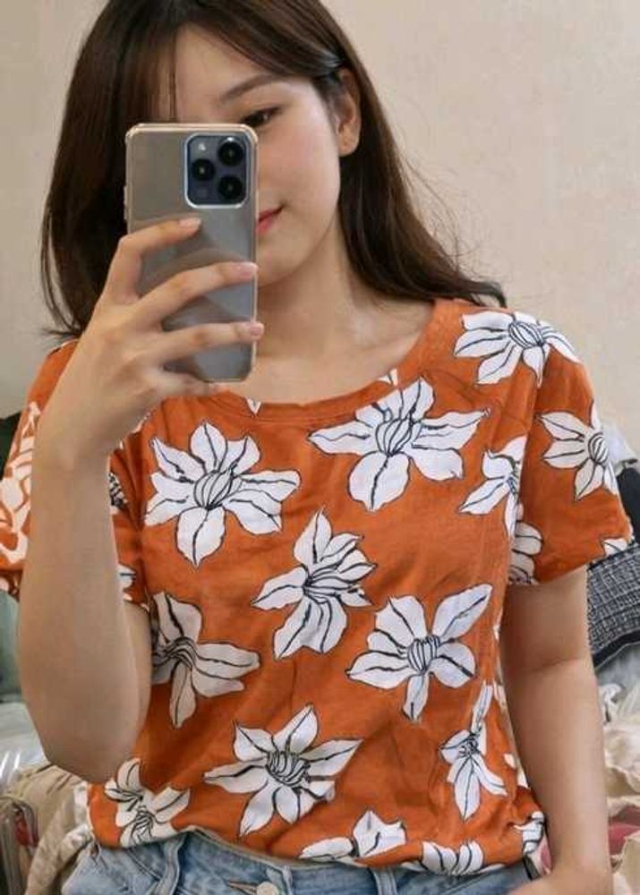Orange Floral Print Short Sleeve Top