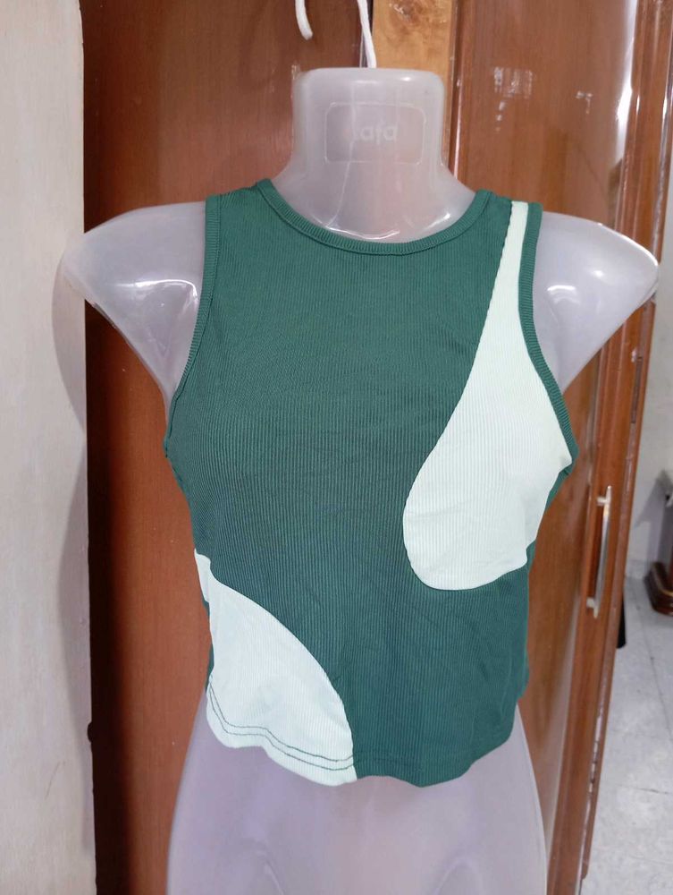 Green Colorblock Ribbed Tank Top