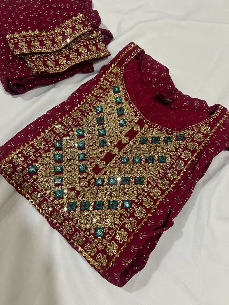 Maroon Embroidered Kurta Set with pant