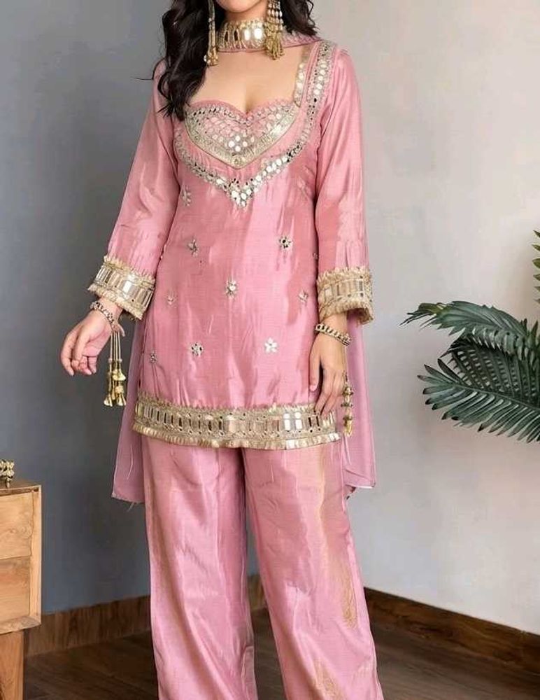 Pink Mirror Work Kurta with Palazzo Pants