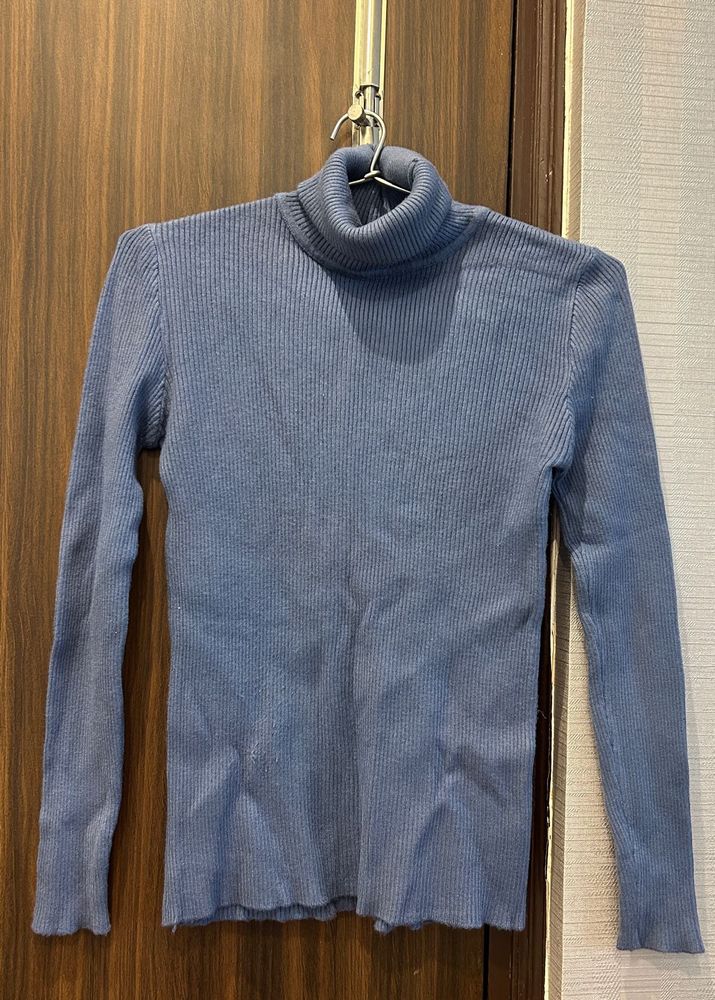 Light Blue Ribbed Turtleneck Sweater
