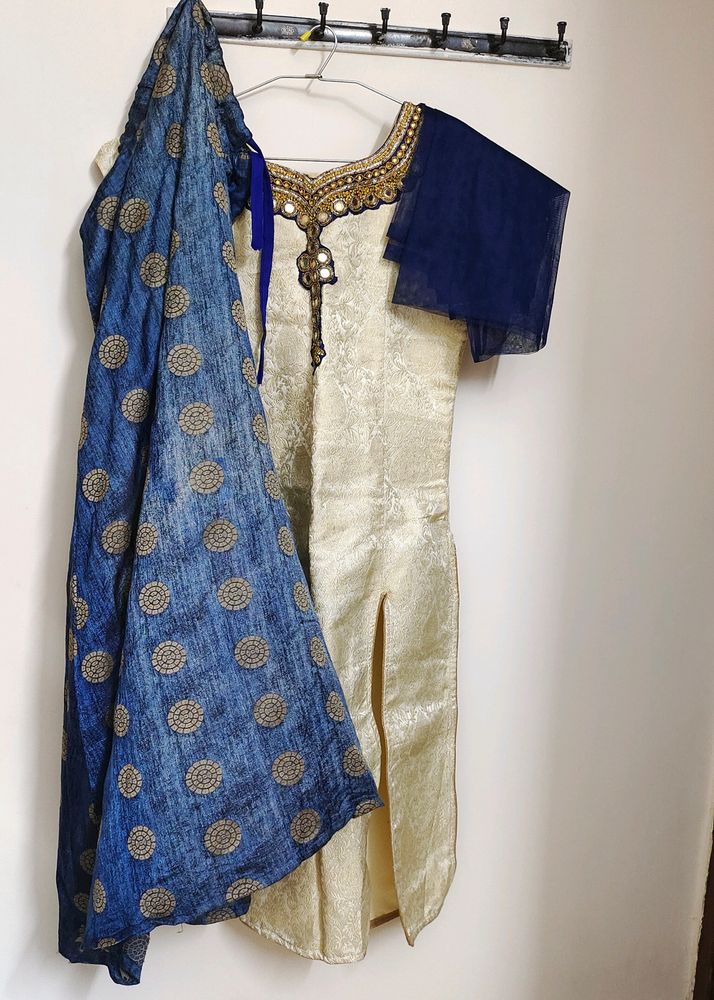 Cream Top And Blue Skirt Ethnic Wear