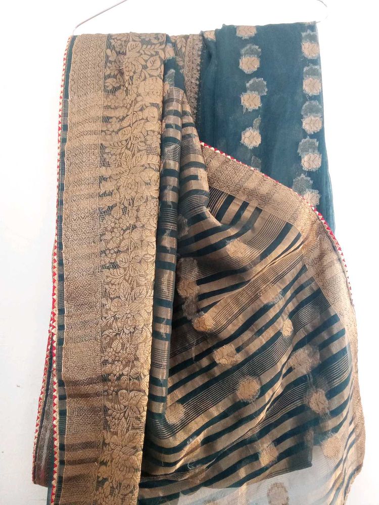 Elegant Dark Teal Saree with Golden Motifs,