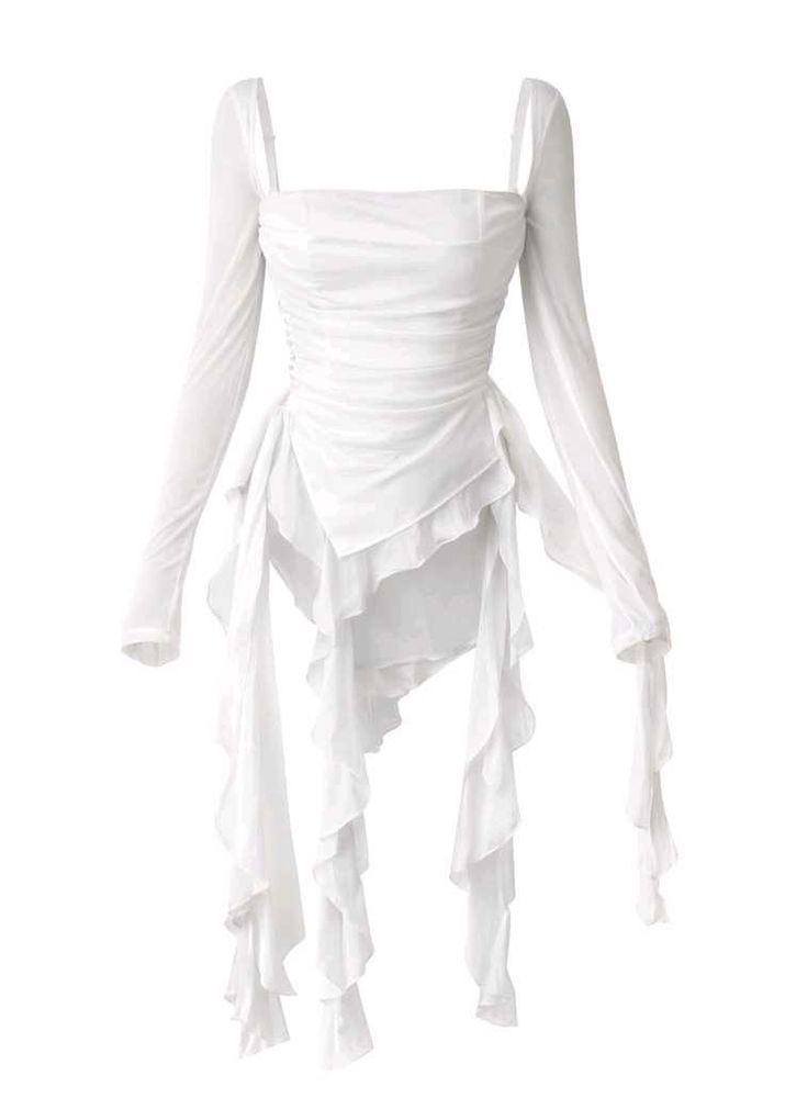 fairy core y2k Sheer White Ruffle  Dress
