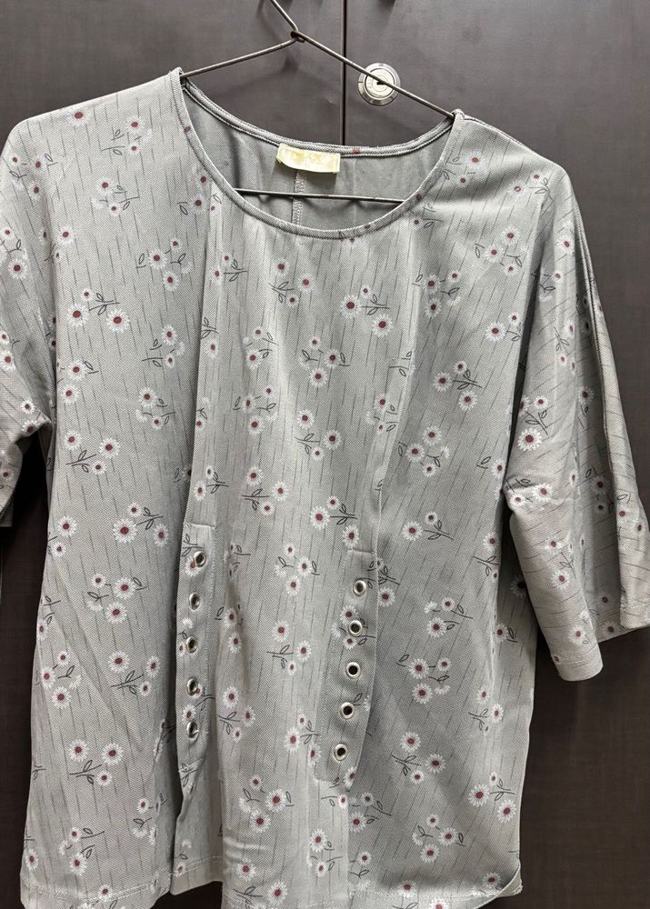 Grey Floral Print Top