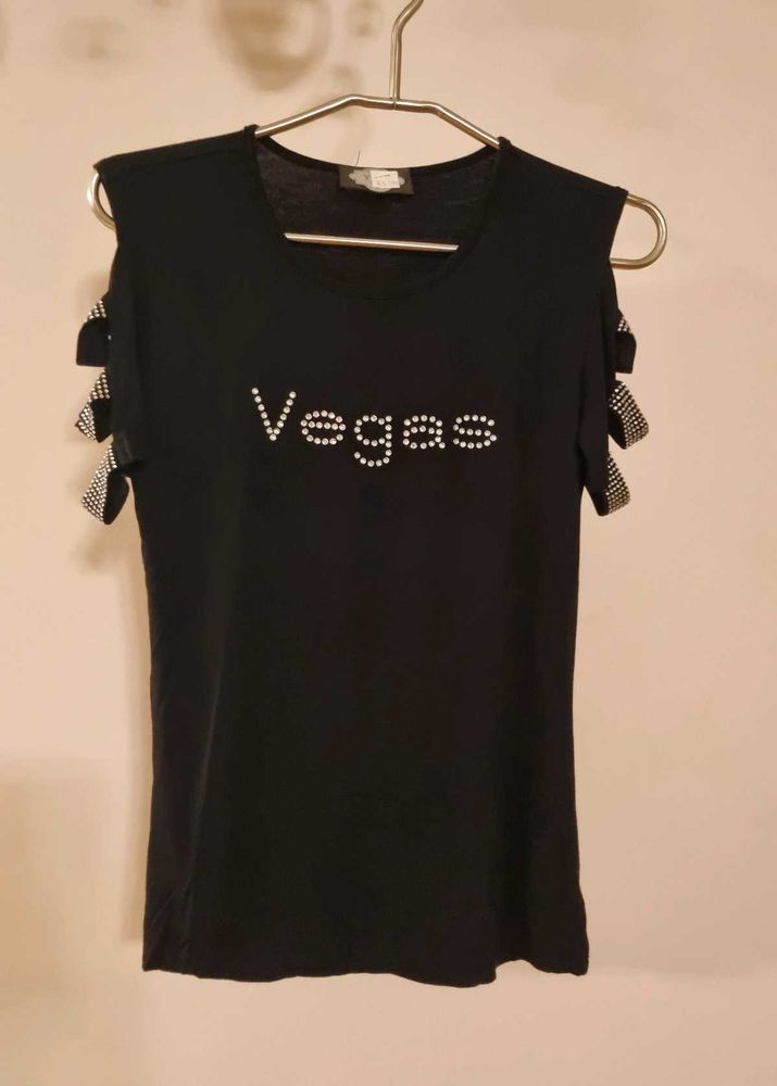BLACK CHIC PARTY BLING T SHIRT Cutout Sleeve XS