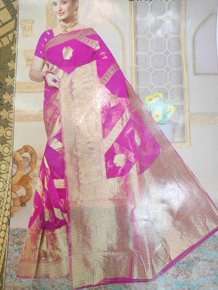 Pink Organza Fabric With Banarasi Pattern Saree