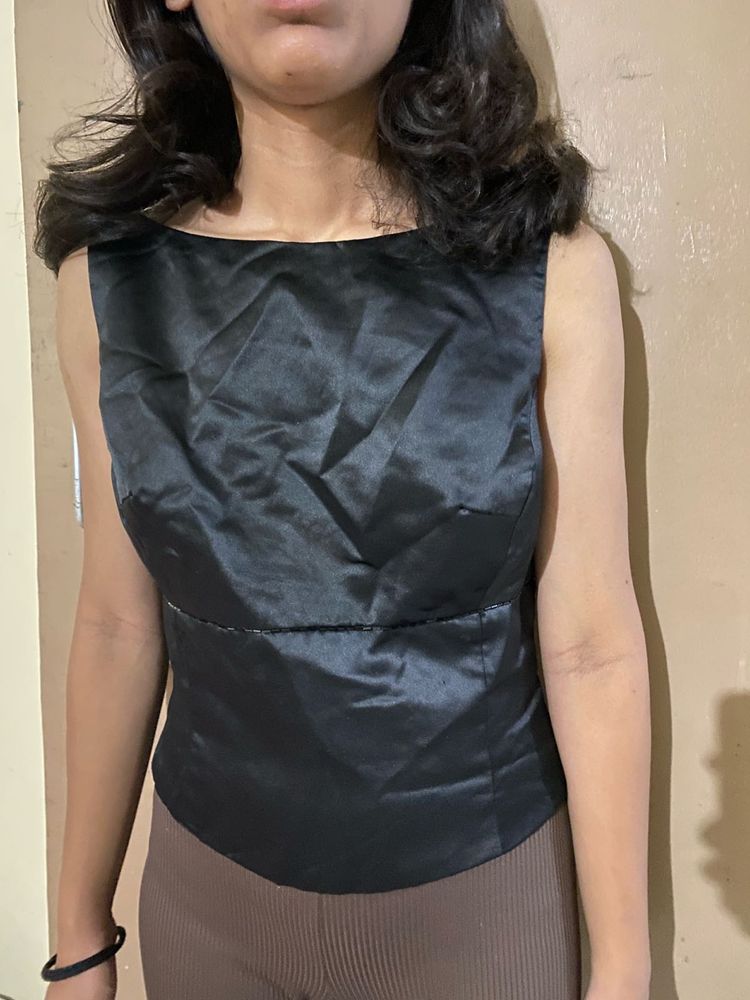 Sleek Black Satin Sleeveless Top