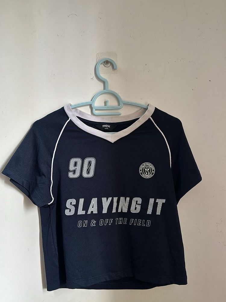Navy "Slaying It" Graphic jersey style crop top