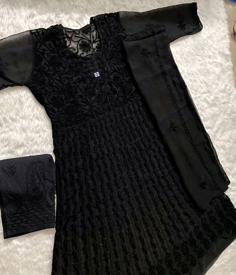 Chikankari Black Gown Dress With Inner.