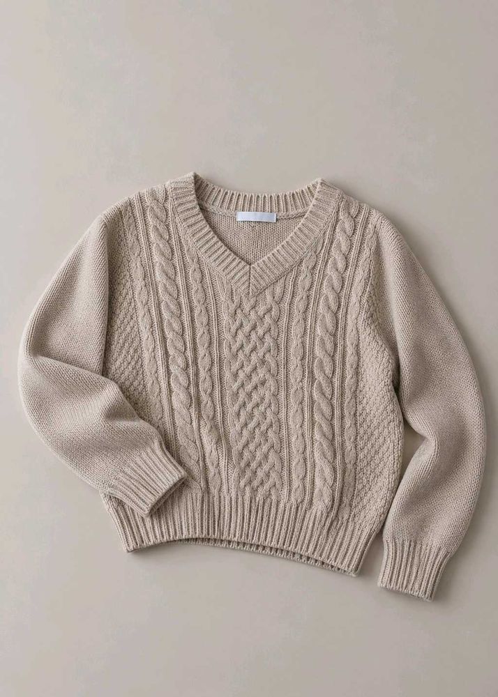 BEIGE CABLE KNIT V-NECK SWEATER