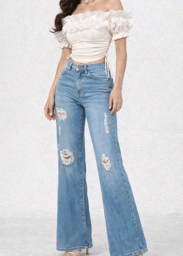 Y2K Beaded Ripped Blue Bootcut Jeans
