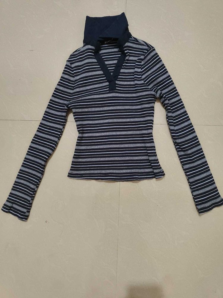 Zudio Navy Blue &amp; White Striped Long Sleeve Top