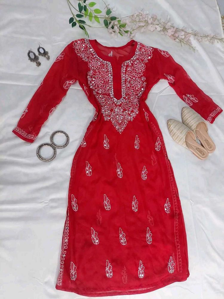 Embroidered Red Chikankari Kurta