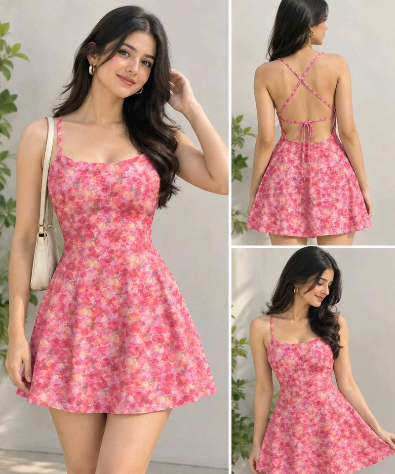 Women’s Pink Floral Printed Backless Spaghetti Str