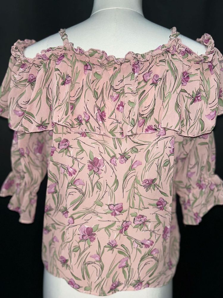 Pink Floral Cold Shoulder Ruffle Top