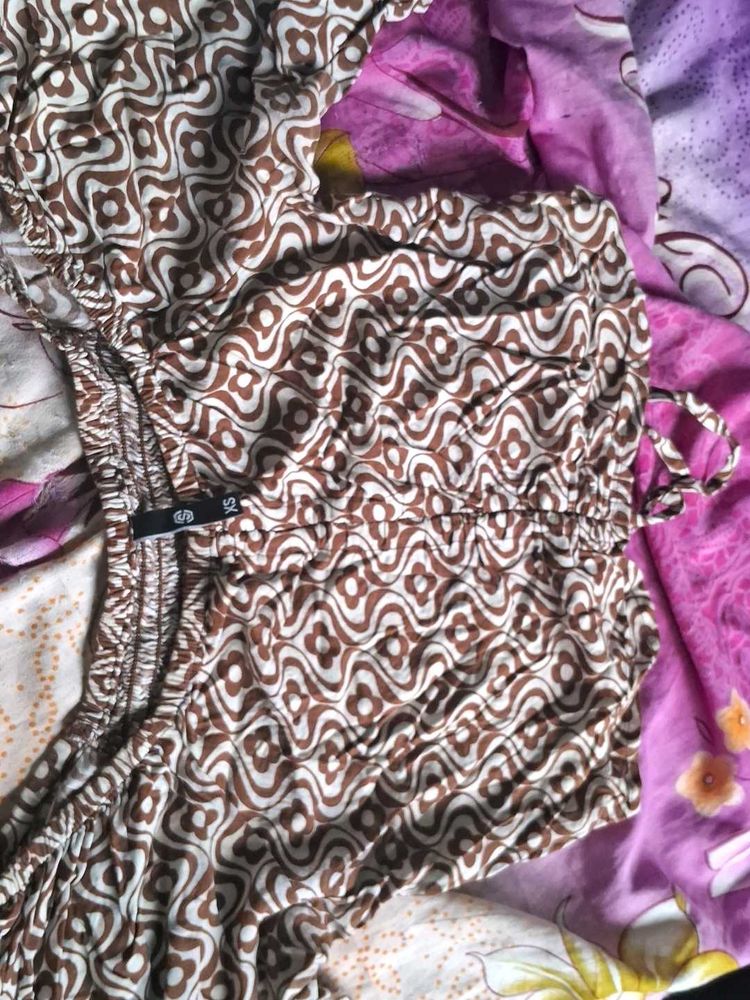Brown Geometric Print Smocked Top
