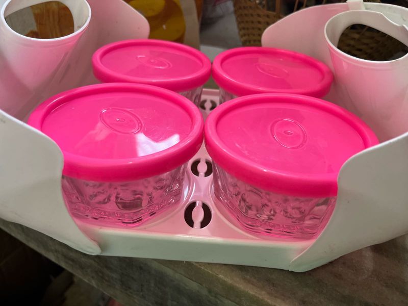 Set of 4 Pink Lid Glass Containers