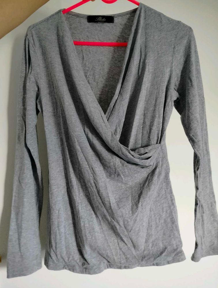 Gray Wrap Long Sleeve Top