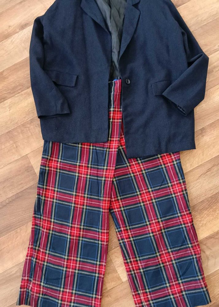 Stylish Blazer &amp; Plaid Pants Set