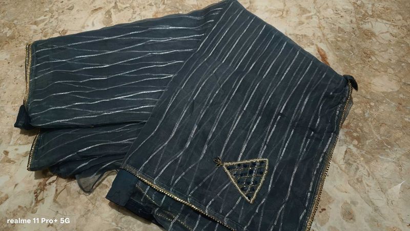 Elegant Grey Saree with Silver Stripes