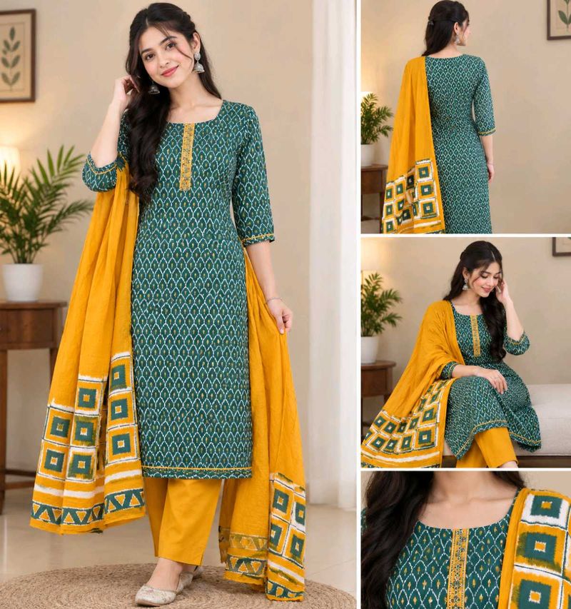 Elegant Green Printed Kurta Set with Dupatta