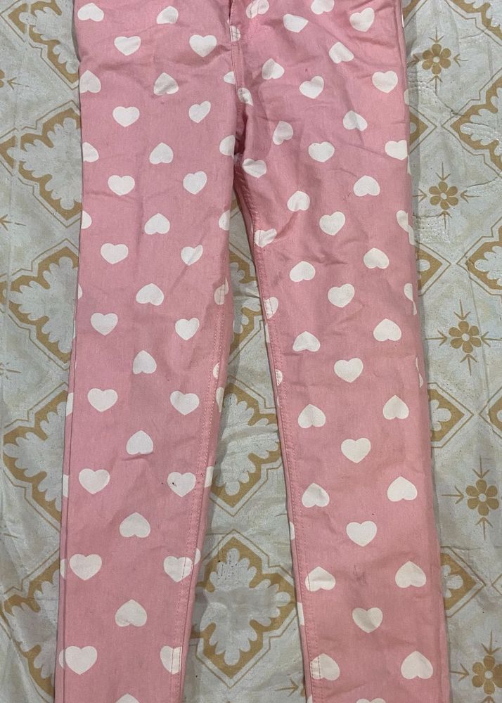 Cute Pink Heart Print Jeans