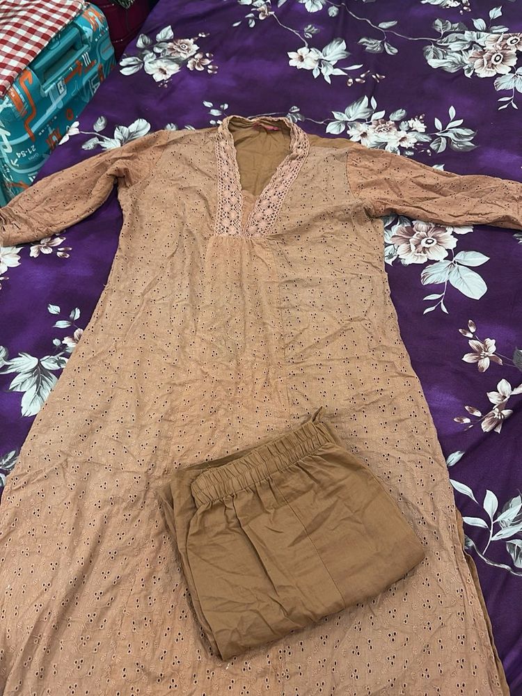 Elegant Peach Eyelet Kurta Set