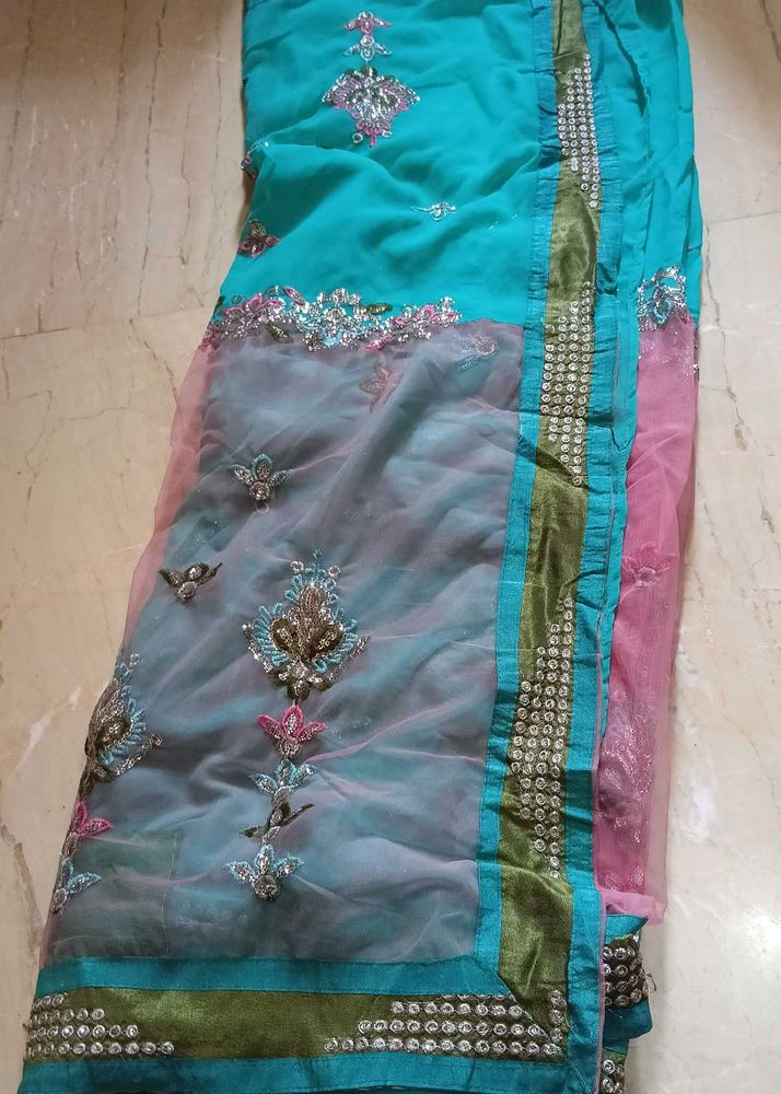 Exquisite Teal &amp; Pink Embroidered Saree
