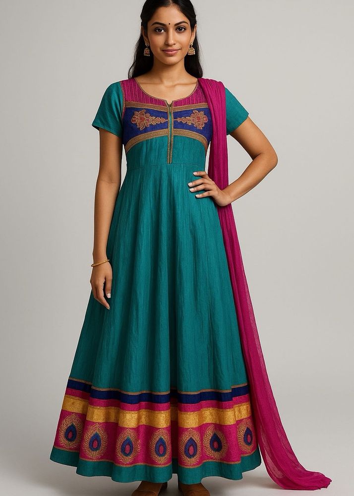 Teal &amp; Pink Embroidered Anarkali Set