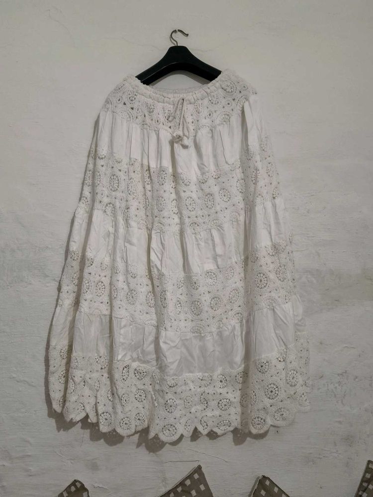 Bohemian White Eyelet Heavy Lace Tiered Maxi Skirt
