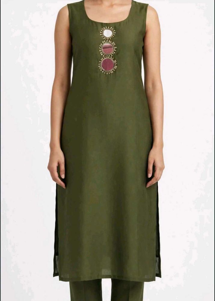 Stylish Olive Green Kurta Set with Mirror Work