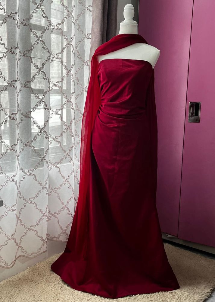 Elegant Red Velvet Gown with Tulle Drape